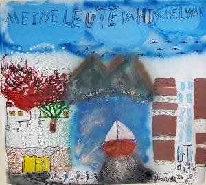 Gemaltes Bild mit Himmel, brennendes Haus, Schiff und dann Großstadt-Skizze